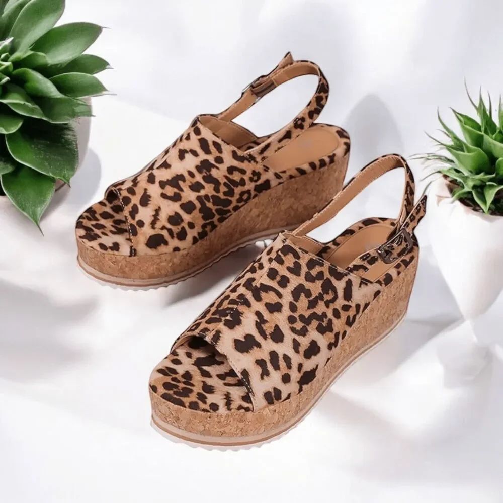 Leopard Print Cork Wedge Platform Slingback Sandals Peep Toe Size 9.5 Women’s